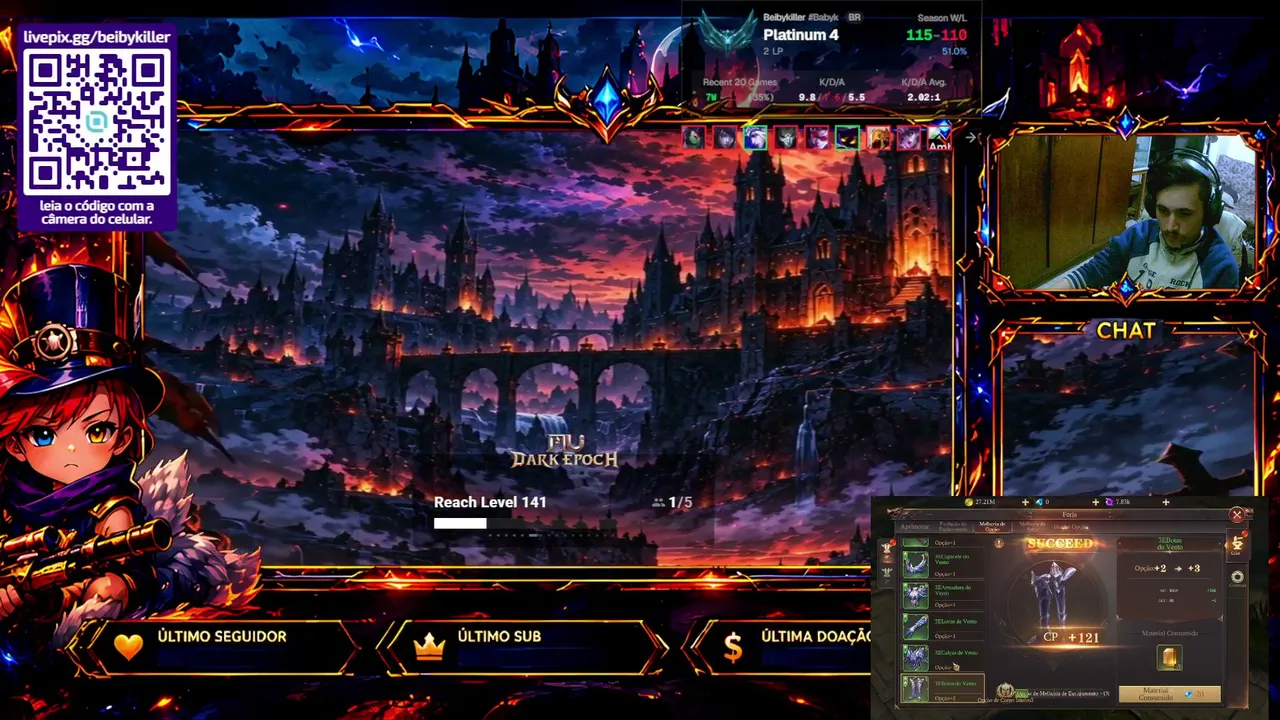 Cullen 
Platina enferrujado lolzinho - Soloq - ARANZINHO - Flex
https://livepix.gg/beibykiller