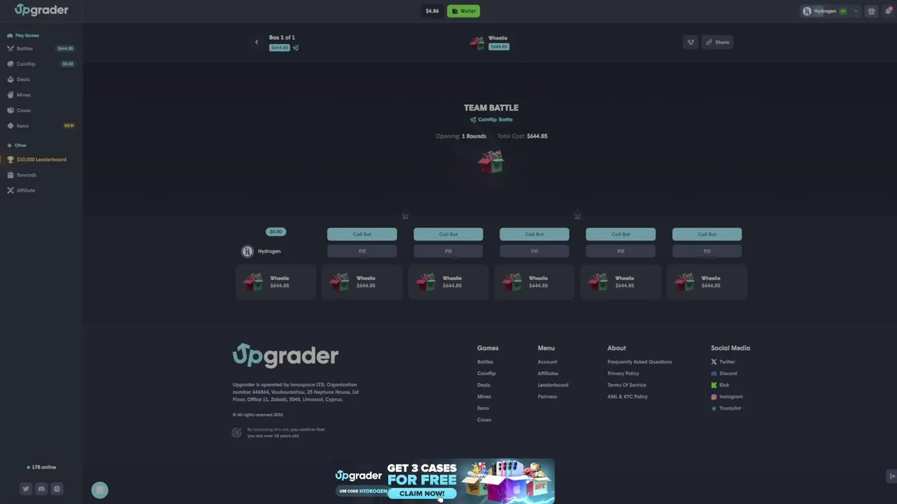 Code: Hydrogen | !upgrader | !chicken | !castle | !csbattle | !casebattle | !winovo | Calls for tips all stream.