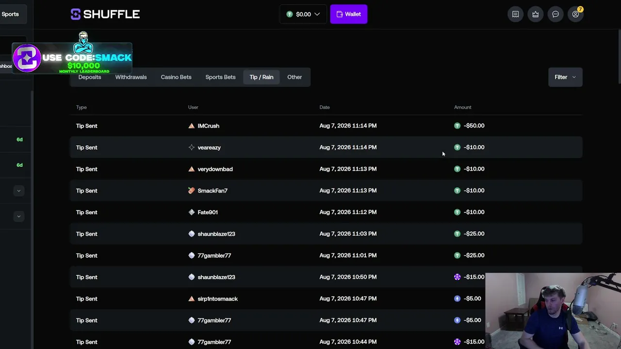3K START Streaming from homeless shack room 10.5k Monthly Shuffle Leaderboards. Smackdowness.com $50-$100 stream givy