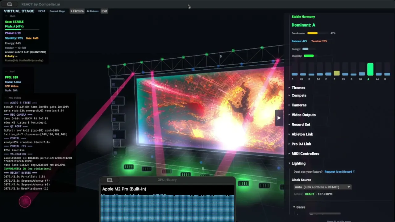 REACT is an always-on audio-reactive music channel.  Turn your music into a full visual show - visuals, cameras, lighting, streaming, record