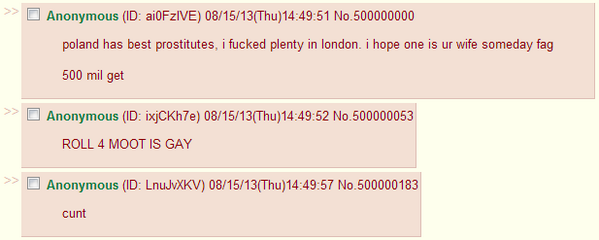 …and /b/’s 500 millionth post is a 4channer bragging about banging Polish prostitutes in London. http://t.co/LVz2EtPqXI