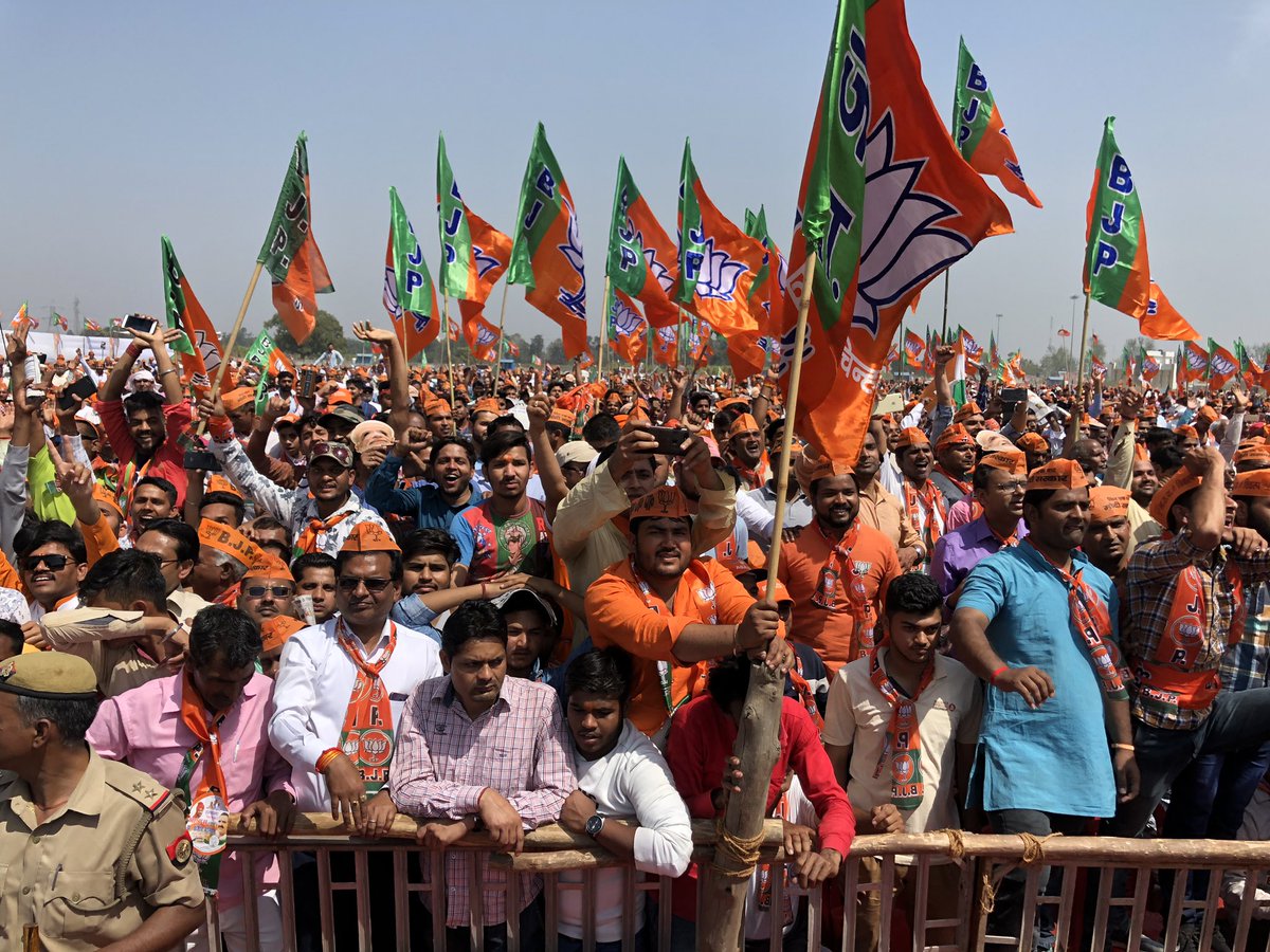 Crowds in the front, rows and rows of empty chairs right behind them as PM Modi touches down to address the BJP’s campaign kick off rally in Meerut. #Elections2019 #UttarPradesh 