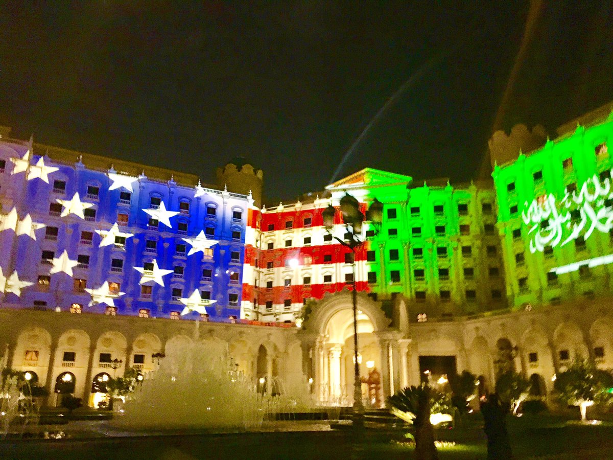 Incredible welcome for @POTUS in Riyadh when he arrives - billboards/red white blue lights everywhere. #potusabroad 