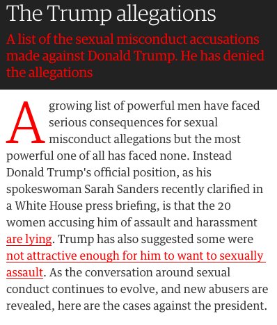 The official position of @realdonaldtrump is that the 20 women who have publicly accused him of sexual assault and harassment are lying https://t.co/sAc8T5FZYe 