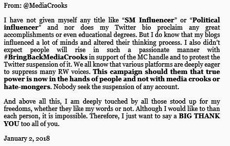 I was mostly out of town &amp; not on Twitter after the suspension happened... But the passion that people showed with #BringBackMediaCrooks really stuns me... I am very touched.... and THANK YOU... 