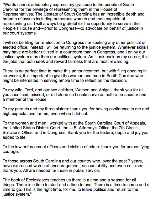 There is a time to come and a time to go. This is the right time, for me, to leave politics and return to the justice system. Full statement here → 