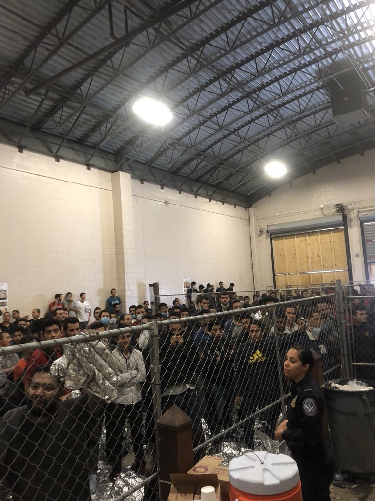 VP saw 384 men sleeping inside fences, on concrete w/no pillows or mats. They said they hadn’t showered in weeks, wanted toothbrushes, food. Stench was overwhelming. CBP said they were fed regularly, could brush daily &amp; recently got access to shower (many hadn’t for 10-20 days.) 