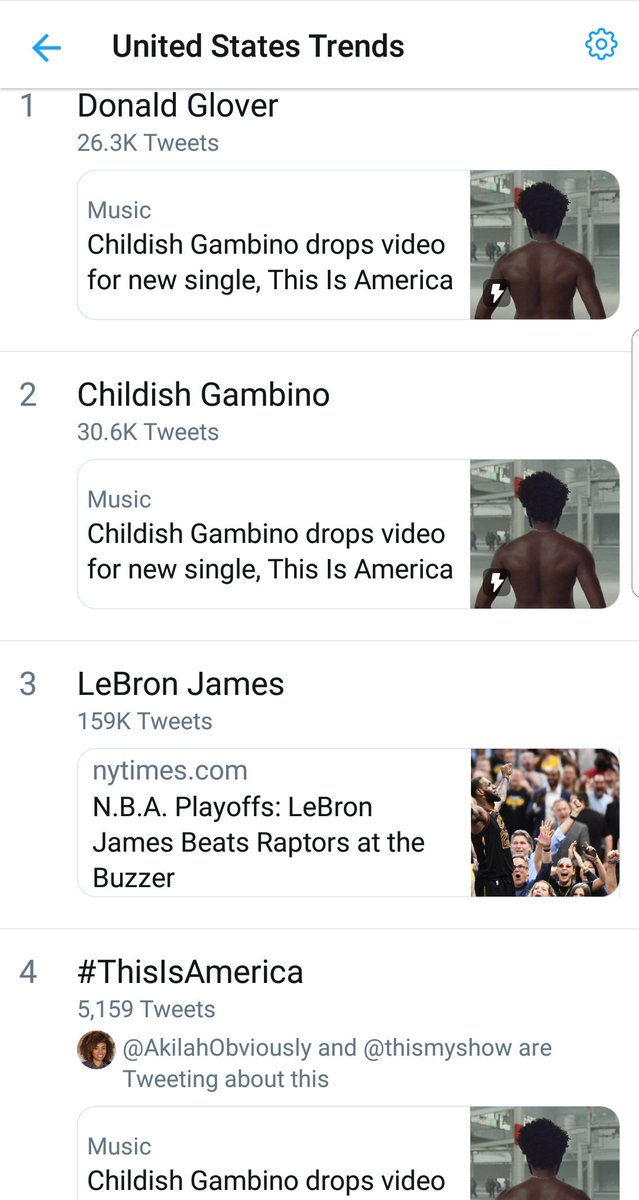 Donald Glover is 3 of the top 4 trending topics without assaulting anybody or claiming slavery was a choice. Just from making good art. After a rough start, this week is really closing strong. 