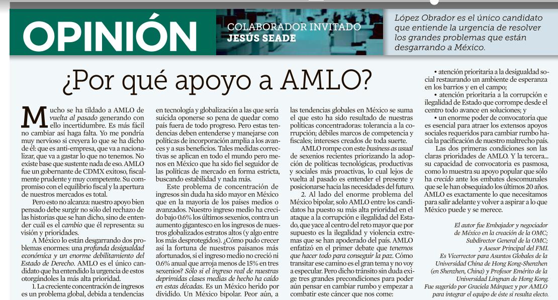 Jesús Seade explica por qué apoya a AMLO 