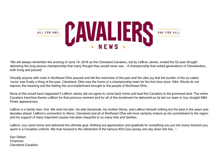 A very different statement from Cavs owner Dan Gilbert. 
