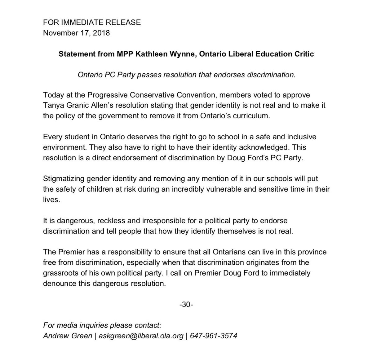 Shocked that Doug Ford's PC Party would pass such a hateful resolution. It is dangerous, reckless and irresponsible for a political party to endorse discrimination and tell people that how they identify themselves is not real. #onpoli #PCPO2018 #TransAwarenessWeek 