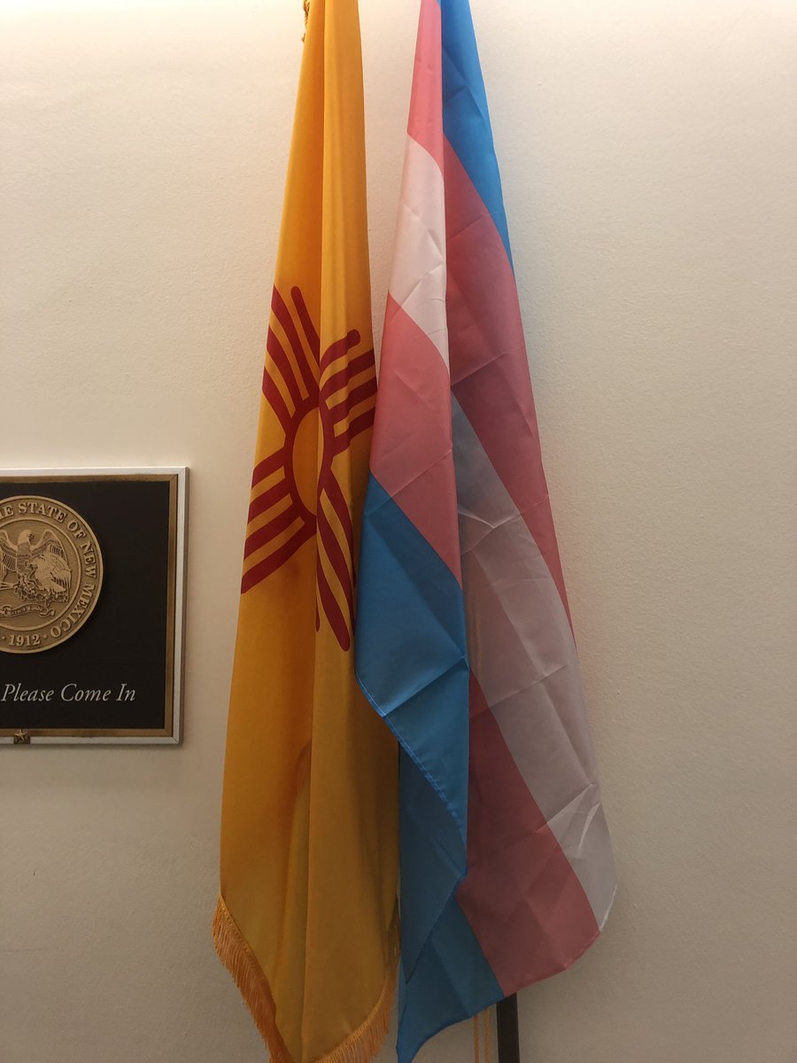 The trans flag is displayed proudly outside my office door today. #ProtectTransTroops 