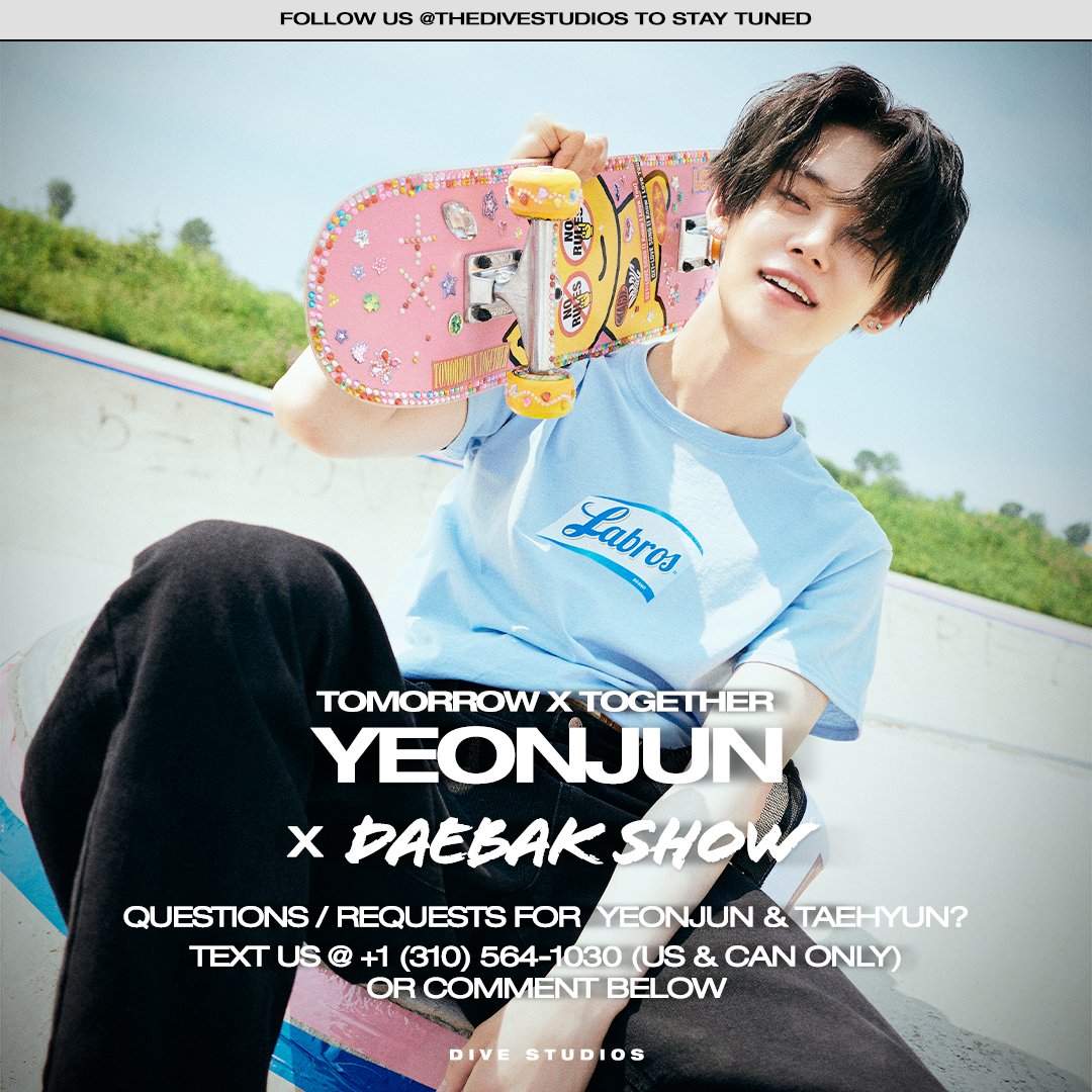 TOMORROW X TOGETHER on '#DaebakShow w/ @ericnamofficial' #ComingSoon

⚡️@TXT_bighit 에게 질문해주세요!

👉 TOMORROW X TOGETHER에게 궁금한 질문을 남기고 싶다면?
1️⃣ @thedivestudios 팔로우 해주세요!
2️⃣ 묻고 싶은 질문을 댓글로 달아주세요!

#투모로우바이투게더 #DIVEStudios 