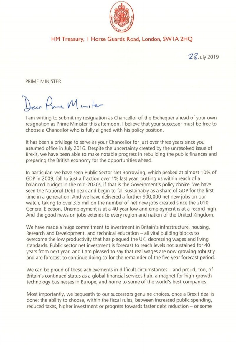 I have just handed in my resignation to @theresa_may. It has been a privilege to serve as her Chancellor of the Exchequer for the last three years. 