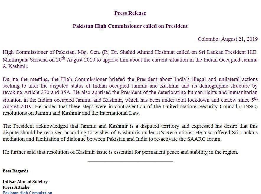 Pakistan High Commission in Sri Lanka says Sri Lankan President supports Pakistan on Kashmir &amp; offered mediation thru SAARC. Sri Lankan President’s office says he didn’t. 🤔 
