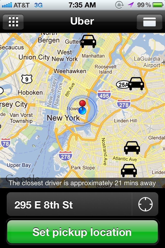 Just found this screenshot of Uber from 2011 on my iPhone –  4 cars in all of NYC!   (and no, that's not my address) 
