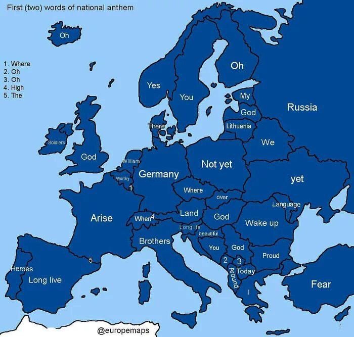 This map showing the first word of each European anthem reads like a frustrated teacher trying to direct a kindergarten performance. 