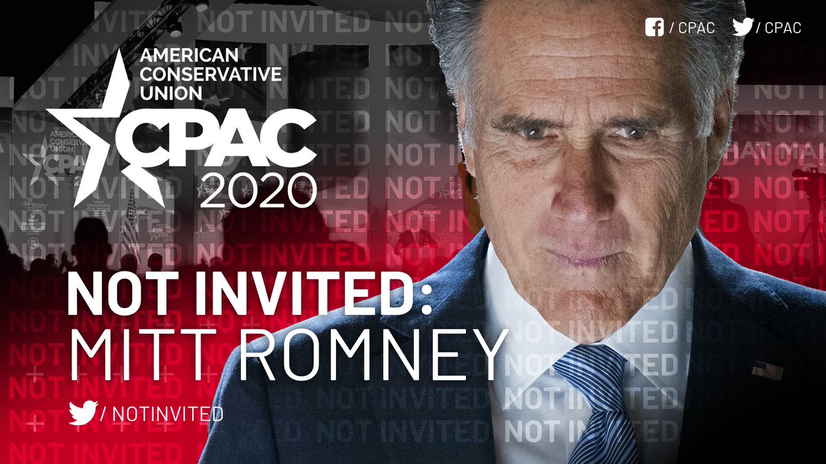 BREAKING: The "extreme conservative" and Junior Senator from the great state of Utah, @SenatorRomney is formally NOT invited to #CPAC2020. 