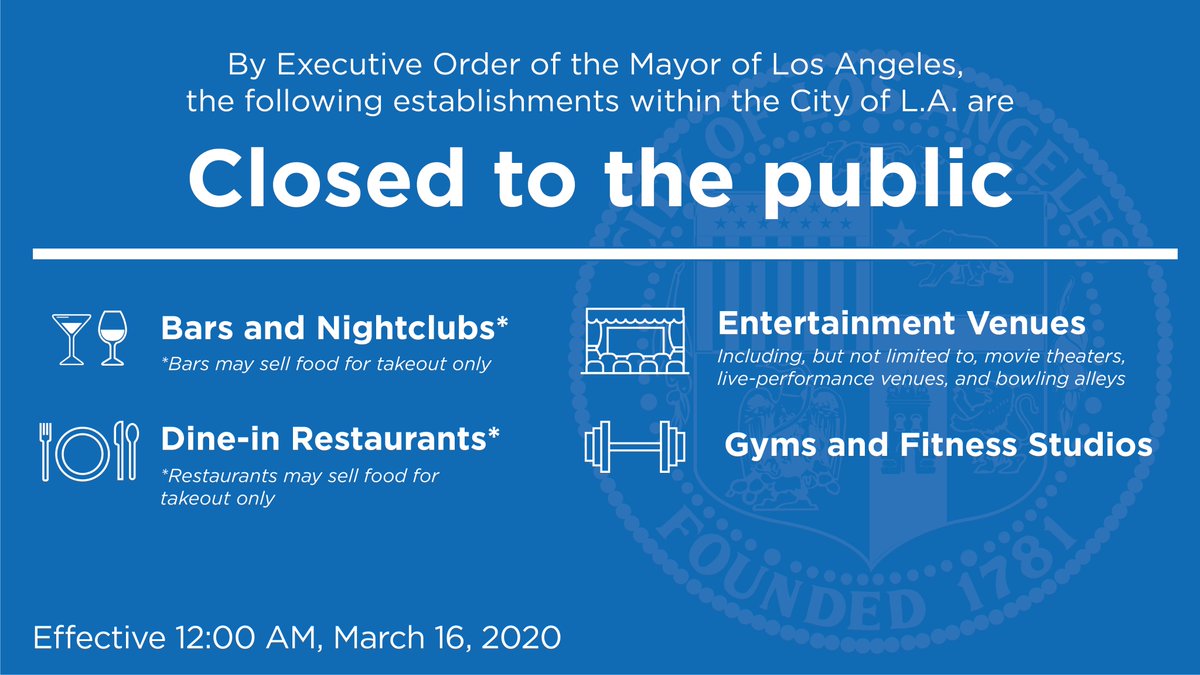 These are the emergency steps we are taking to help prevent the spread of COVID-19 &amp; protect people across LA, effective at midnight tonight. This isn’t easy &amp; I don't make this decision lightly. We will do everything we can to help businesses &amp; workers impacted during this time. 