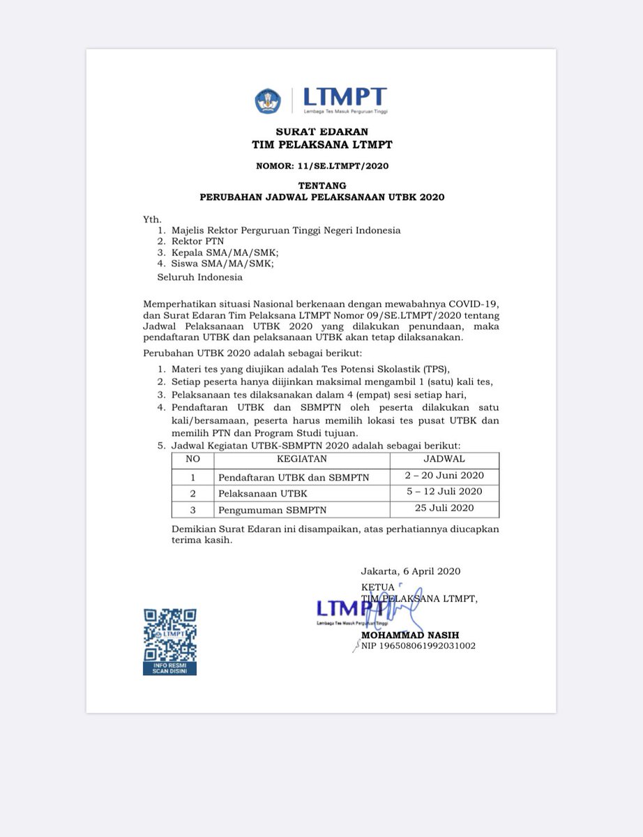 Yups, karena situasi dan kondisi maka ini adalah perubahan jadwal pelaksanaan UTBK. Info lebih lengkap bisa dibaca di web resmi LTMPT. 