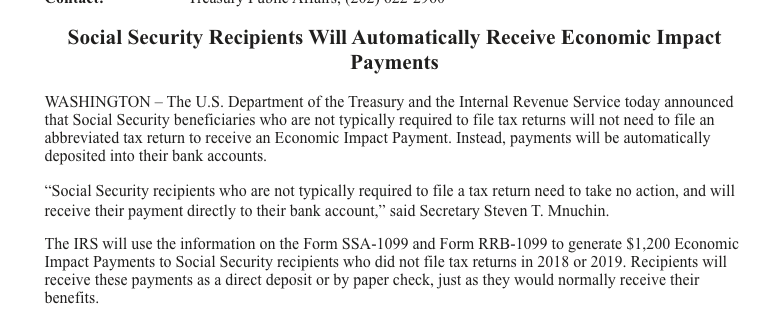 BREAKING: Treasury now says Social Security recipients who don't normally file tax returns will NOT have to file to get the $1,200 check.

Treasury reversed course after pressure from Democrats, some Republicans and media/advocates. 
