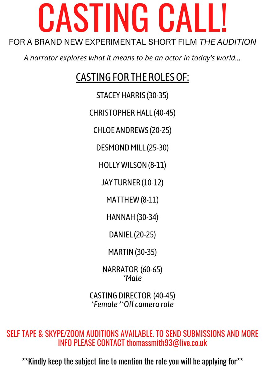 CASTING CALL!

Seeking 12 actors for THE AUDITION. Self tape &amp; Skype/Zoom auditions available. To send submissions and more info please contact thomassmith93@live.co.uk.

Follow the link to download the screenplay. 

https://t.co/qOGVbkY4o8 