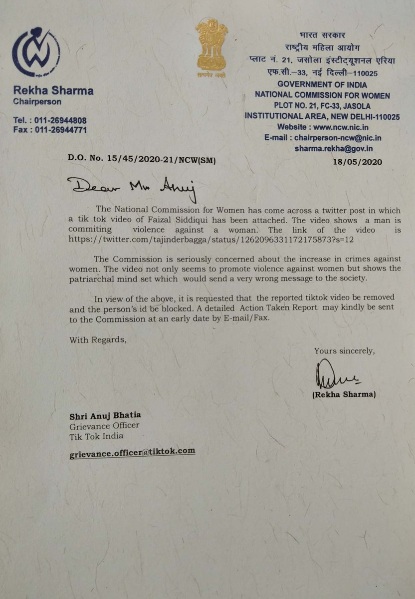 @NCWIndia have contacted Tik-Tok India @TikTok_IN to remove the video &amp; delete the account of #FaizalSiddiqui that instigate committing violence against women. 