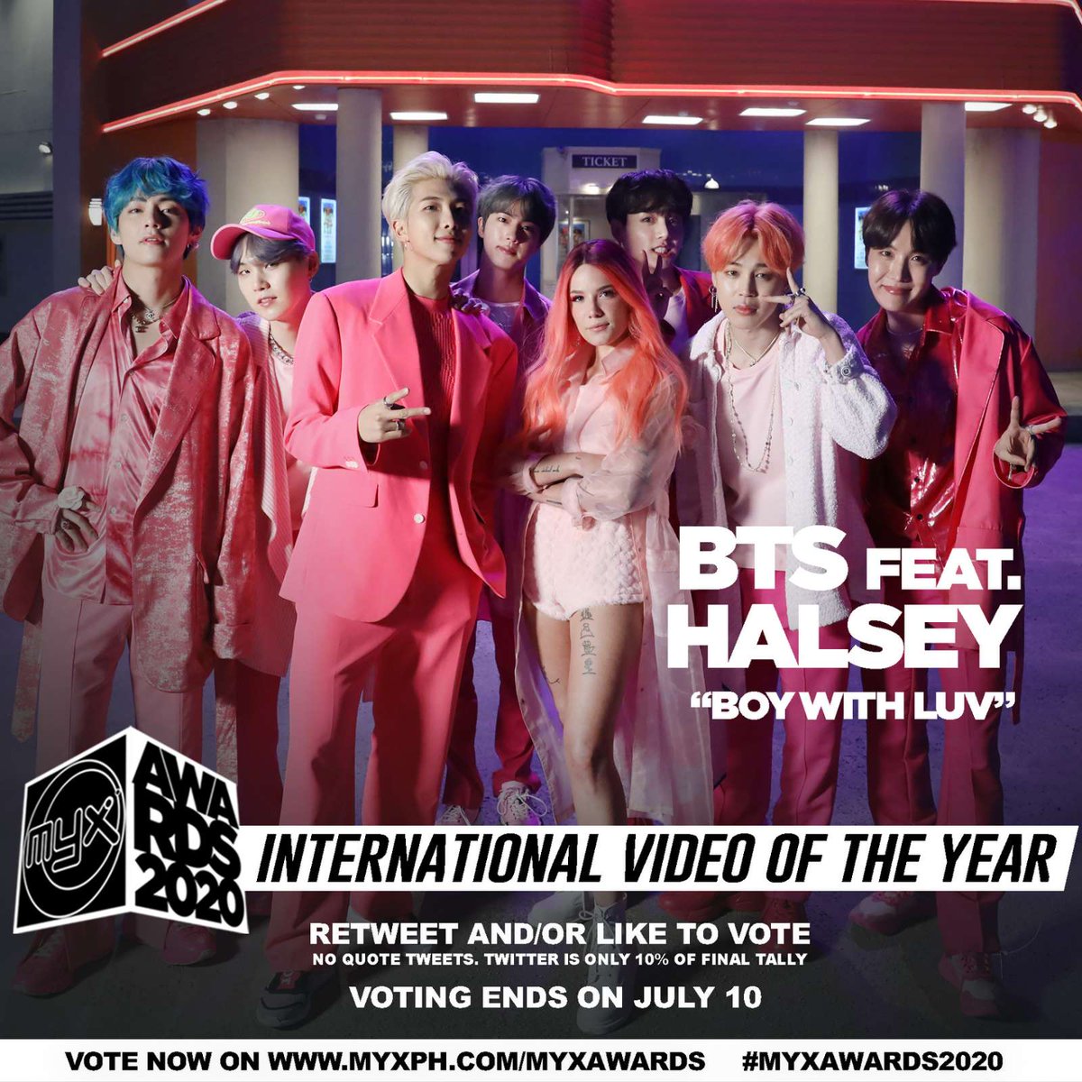 ❗️RETWEET AND/OR LIKE TO VOTE❗️

“Boy With Luv” - @BTS_twt feat. @halsey
International Video of the Year
#MYXAwards2020

📌 Quote Tweets DO NOT count
📌 Voting ends on July 10
📌 Twitter is only 10% of final tally

https://t.co/Sz5yFbZyVe 
