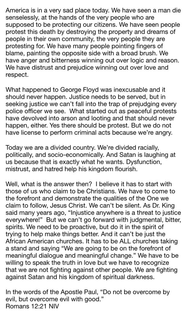 As I have watched the events in Minneapolis unfold the last few days I have wondered &amp; prayed about how I should respond. Below are my thoughts. I hope you read the whole thing because the final thought is most important. Romans 12:21 🙏🏽 
