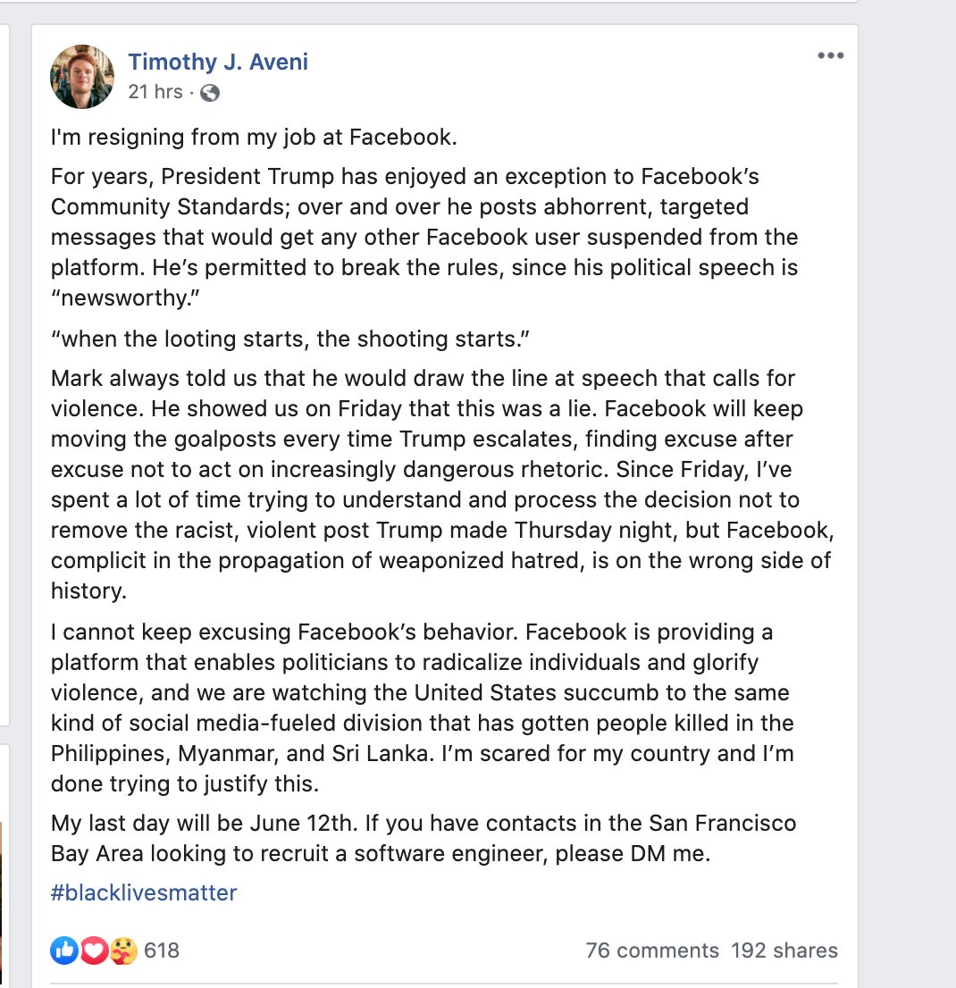 A Facebook employee resigns.

"Mark always told us that he would draw the line at speech that calls for violence. He showed us on Friday that this was a lie." 