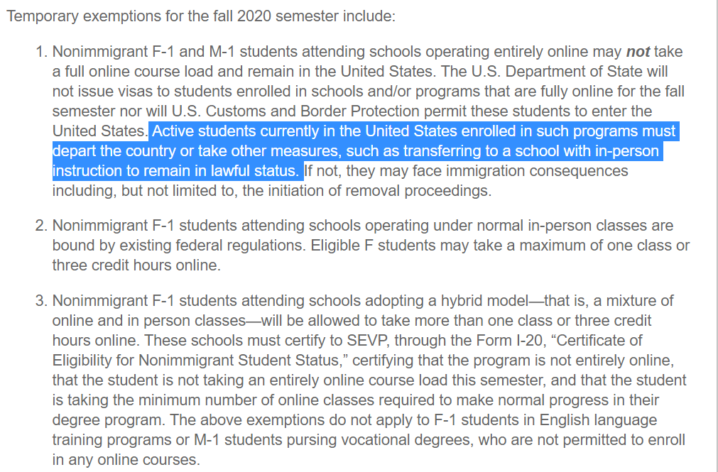 This is bad. ICE just told students here on student visas that if their school is going online-only this fall, the students must depart the United States and cannot remain through the fall semester. https://t.co/8DteVzexLB 