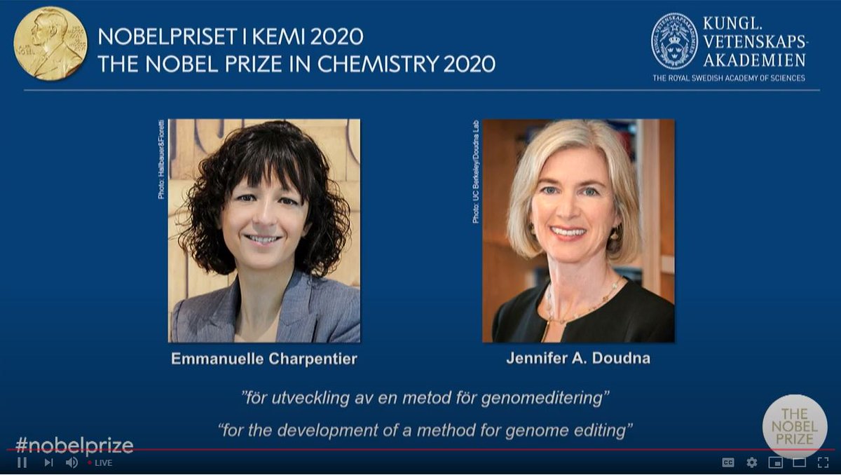 Y el Premio Nobel de Química 2020 va finalmente para Emmanuelle Charpentier y Jennifer Doudna por "the development of a method for genome editing". Se premian las #CRISPR pero NO se reconoce la contribución esencial de Francis Mojica. 
@NobelPrize 
https://t.co/gOQbuCjVbT 