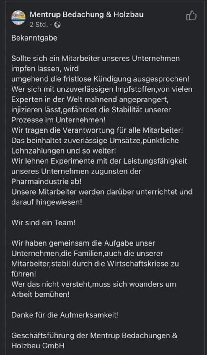 Dachdecker droht seinen Mitarbeitern mit fristloser Kündigung im Falle einer Impfung. Die wäre zwar unwirksam, aber die Ankündigung wirkt trotzdem. 