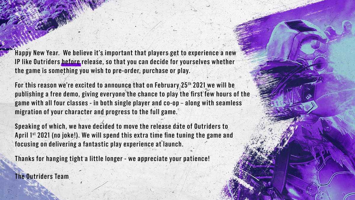 An important update regarding Outriders. 