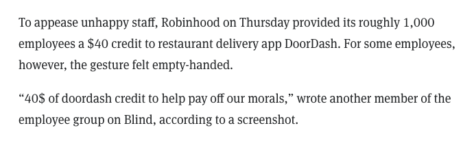 some Robinhood staff were unhappy about the trading halt... so Robinhood gives them a $40 DoorDash credit? 👀 https://t.co/RcVGBDowuS 