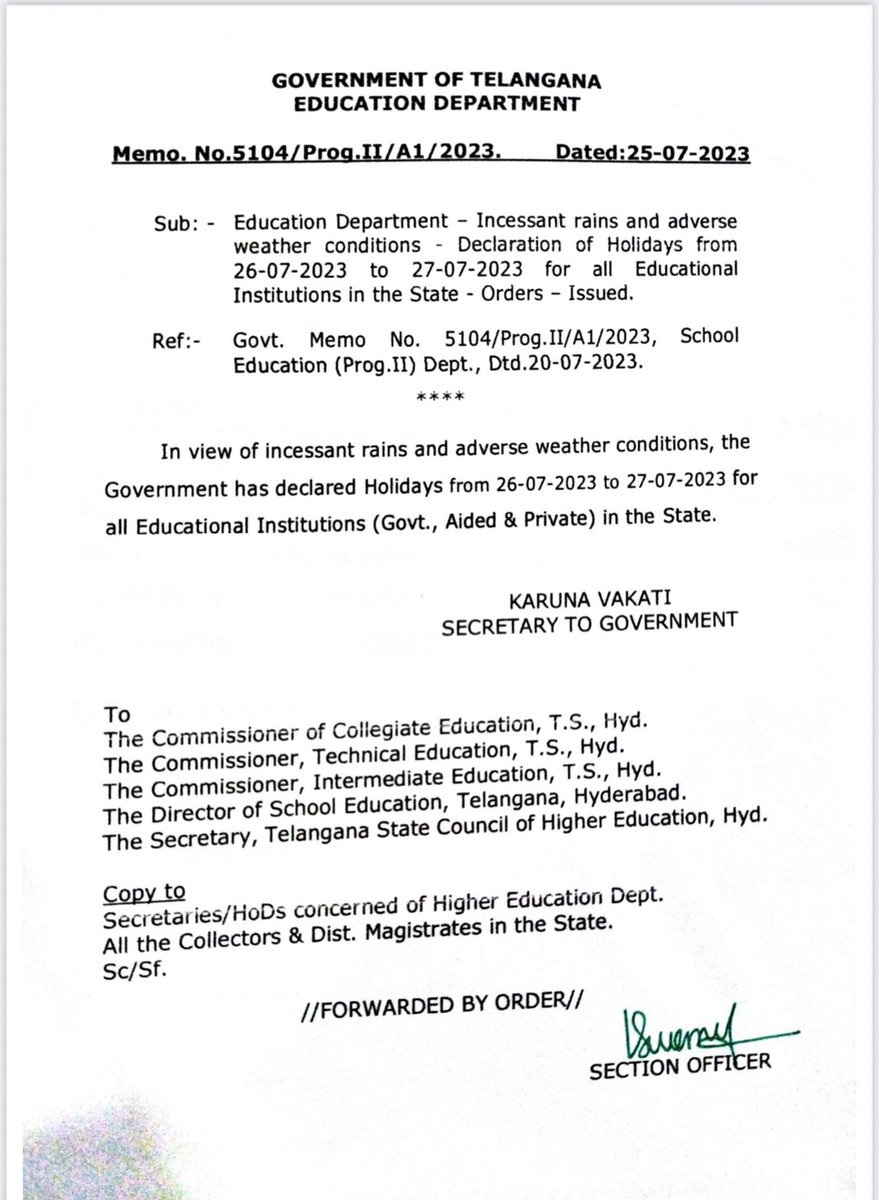 Official Holiday Notification from Government of Telangana for all educational Institutions 