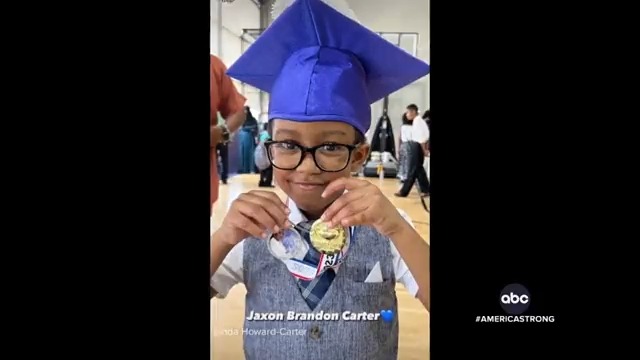 Jaxon Carter wasn't sure how to navigate kindergarten after losing his mother in a fire. Now, he's a kindergarten grad, who's brought the entire audience at graduation to tears with his heart-warming speech. @DavidMuir shares his #AmericaStrong story. Sponsored by @HorizonNews. 