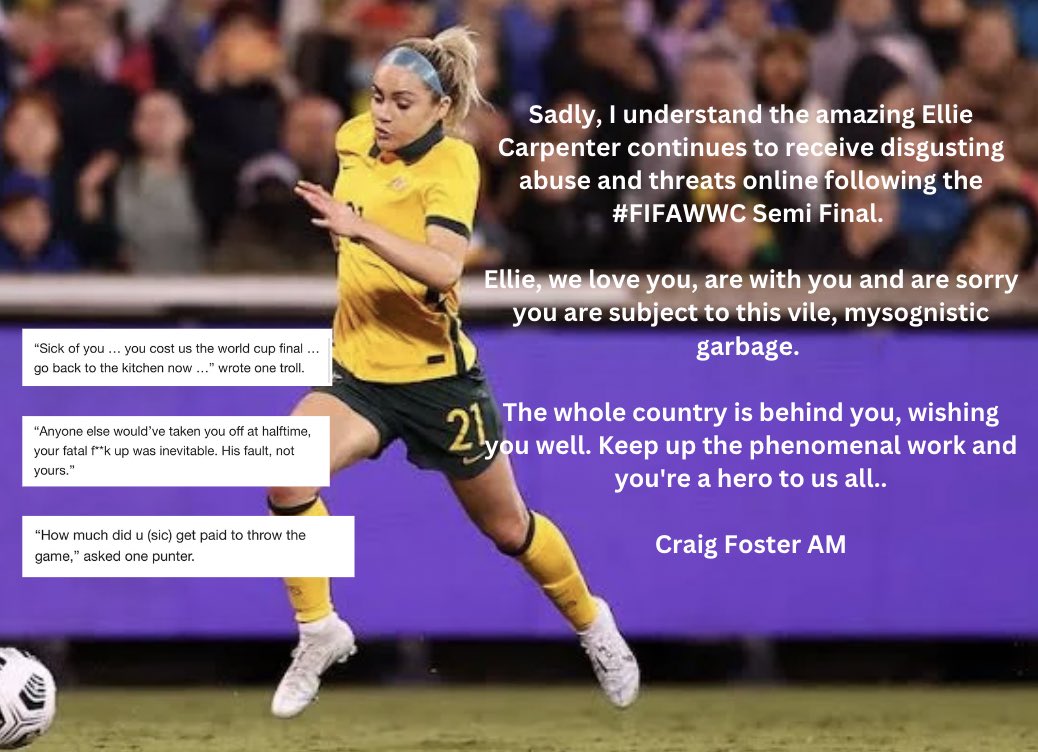 Sadly, I understand the amazing Ellie Carpenter continues to receive disgusting abuse and threats online following the #FIFAWWC Semi Final.

Keep up the phenomenal work, Ellie, you're a hero to us all..

Go @matildas 💚💛

#FIFAWWC
#Matildas 