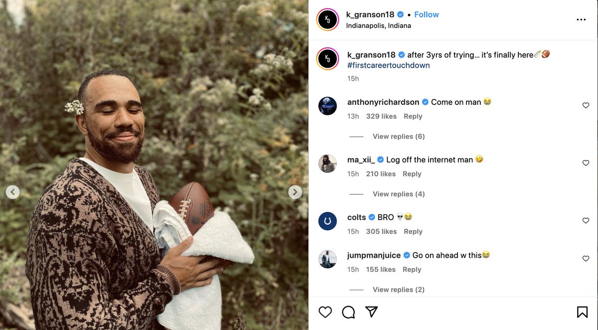 Colts third-year tight end Kylen Granson caught his first career touchdown pass Sunday in the win against the Texans. Yesterday, he posted this photoshoot to his Instagram. 