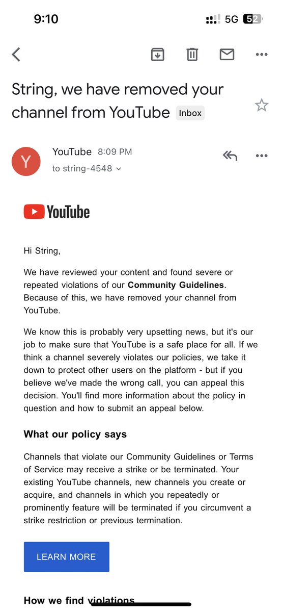 String Channel removed‼️
No strike, no violation but straight delete🤷‍♂️@TeamYouTube @YouTube
Please explain whose boots you licked to do this to me?
If you don’t bring back my channel asap, you will see how far I’ll reach.
Mind you! YouTube is not the only platform where we can do 