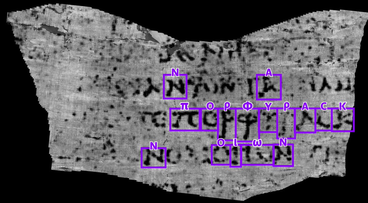 Today we are announcing a major breakthrough in the Vesuvius Challenge: we have read the first word from an unopened Herculaneum scroll.
The word is "πορφυρας" which means "purple dye" or "cloths of purple."

https://t.co/0EDGBX4t4h

Congratulations to 21yo computer science 