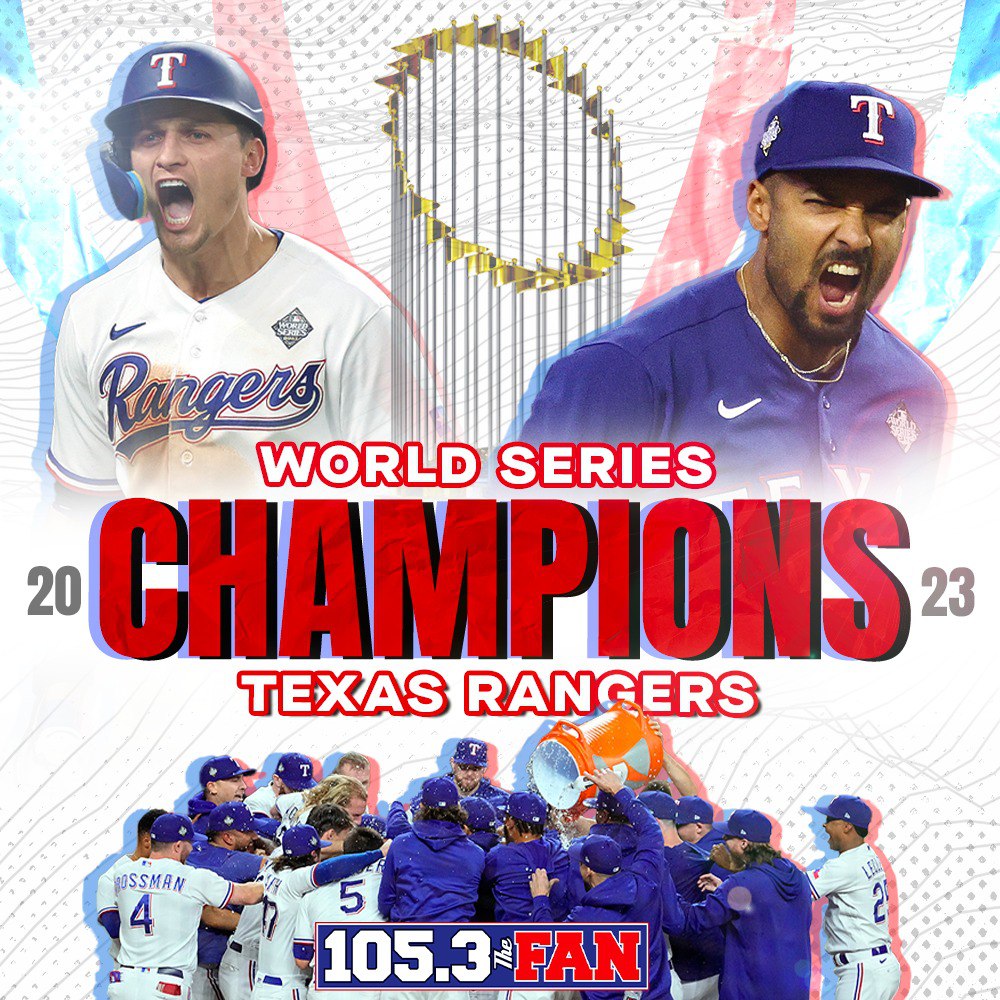 FOR THE FIRST TIME IN FRANCHISE HISTORY, THE TEXAS RANGERS ARE WORLD SERIES CHAMPIONS! #GoAndTakeIt #WorldSeries 

TUNE IN FOR THE CELEBRATION ALL NIGHT LONG ON 105.3 THE FAN!! https://t.co/GpHxpsZxrO 
