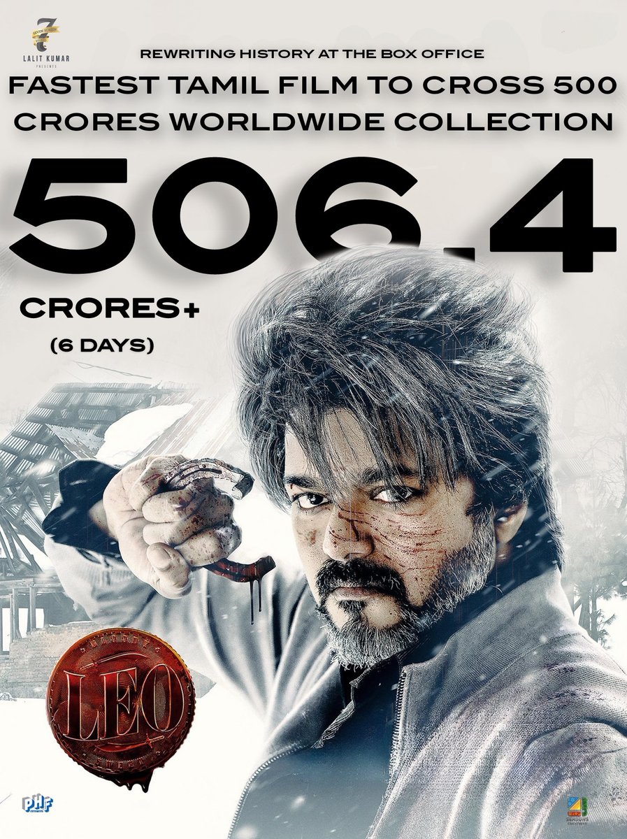 One of the Fastest #Tamil Film to breach pass the ₹500crs mark Globally 💥❣️ #LeoFilm #Leo
#ThalapathyVijay 
@actorvijay 👑❤️‍🔥
#LeoHits500crores 
#BlockbusterLEO
#LeoIndustryHit
#BOEstimates #BOTracking @7screenstudio 