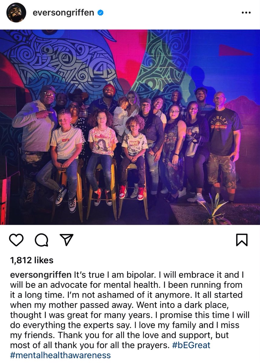 Vikings DE Everson Griffen posted this on his Instagram and speaks of being bipolar and wanting to be an advocate for mental health. 
