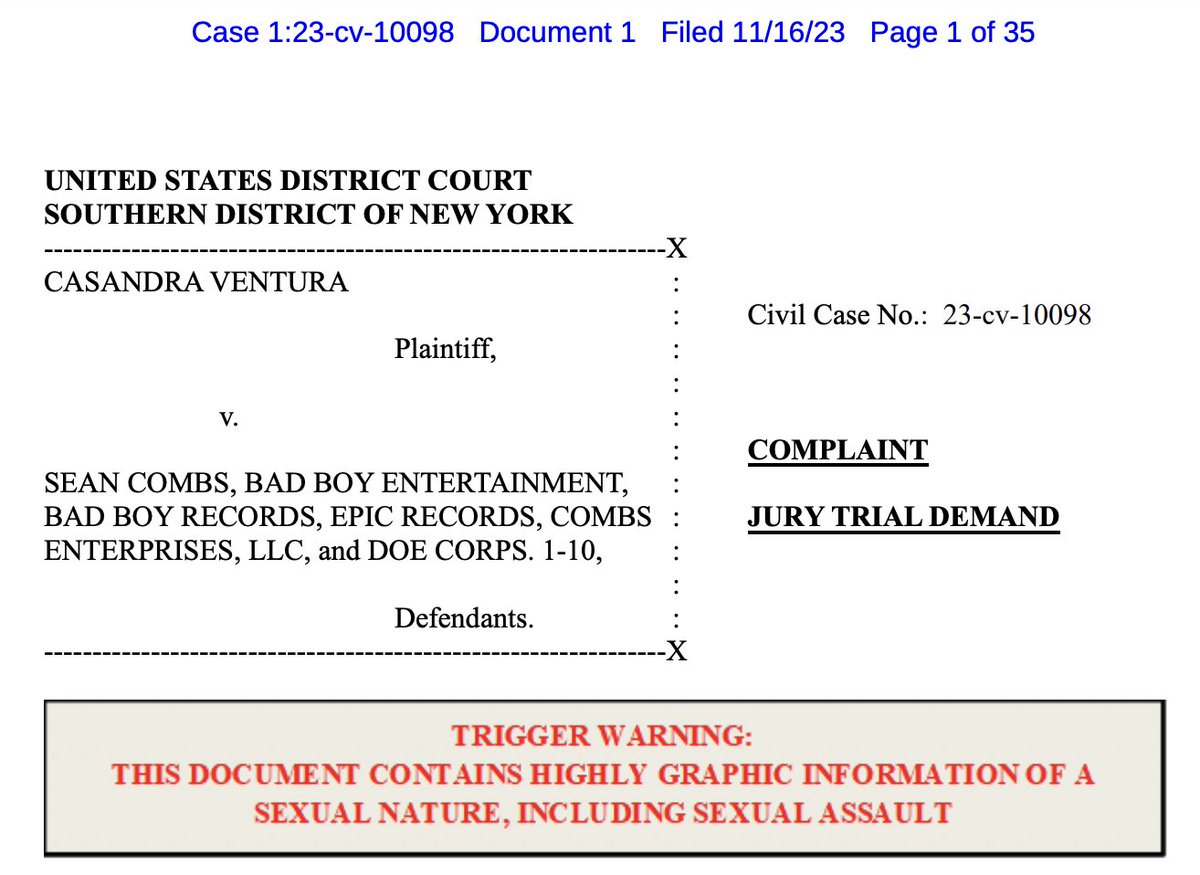 Cassie's lawsuit against Puff Daddy has a "trigger warning" on the front page. 

"This document contains highly graphic information of a sexual nature, including sexual assault." https://t.co/12ciFf7KpV 