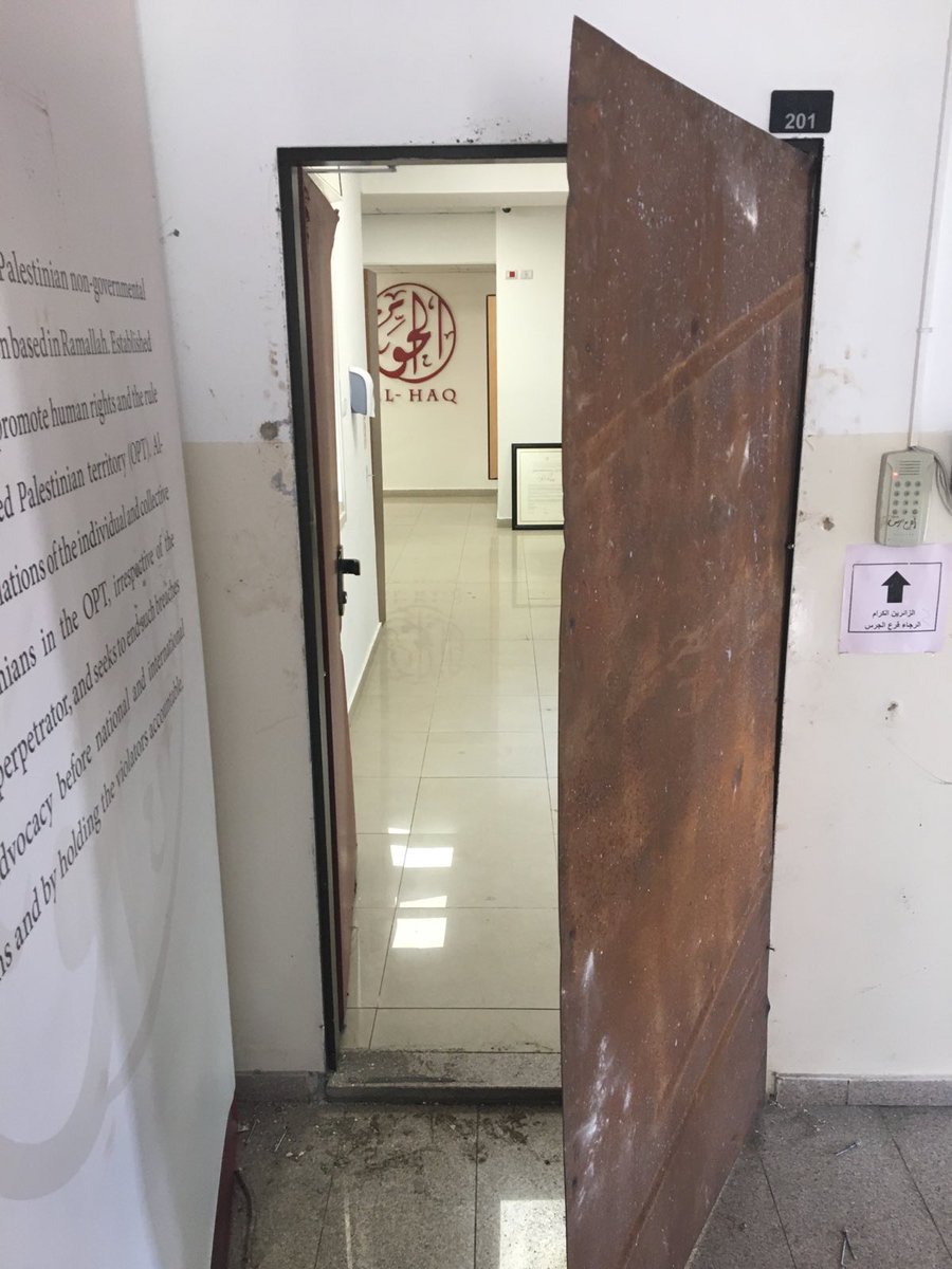 1. Our team arrived at Al-Haq’s offices this morning &amp; found the door, which IOF had bolted shut early morning, had been opened by the public, protesting against the targeting of civil society organizations!We assure you, Israel's arbitrary &amp; unlawful actions will not silence us. 