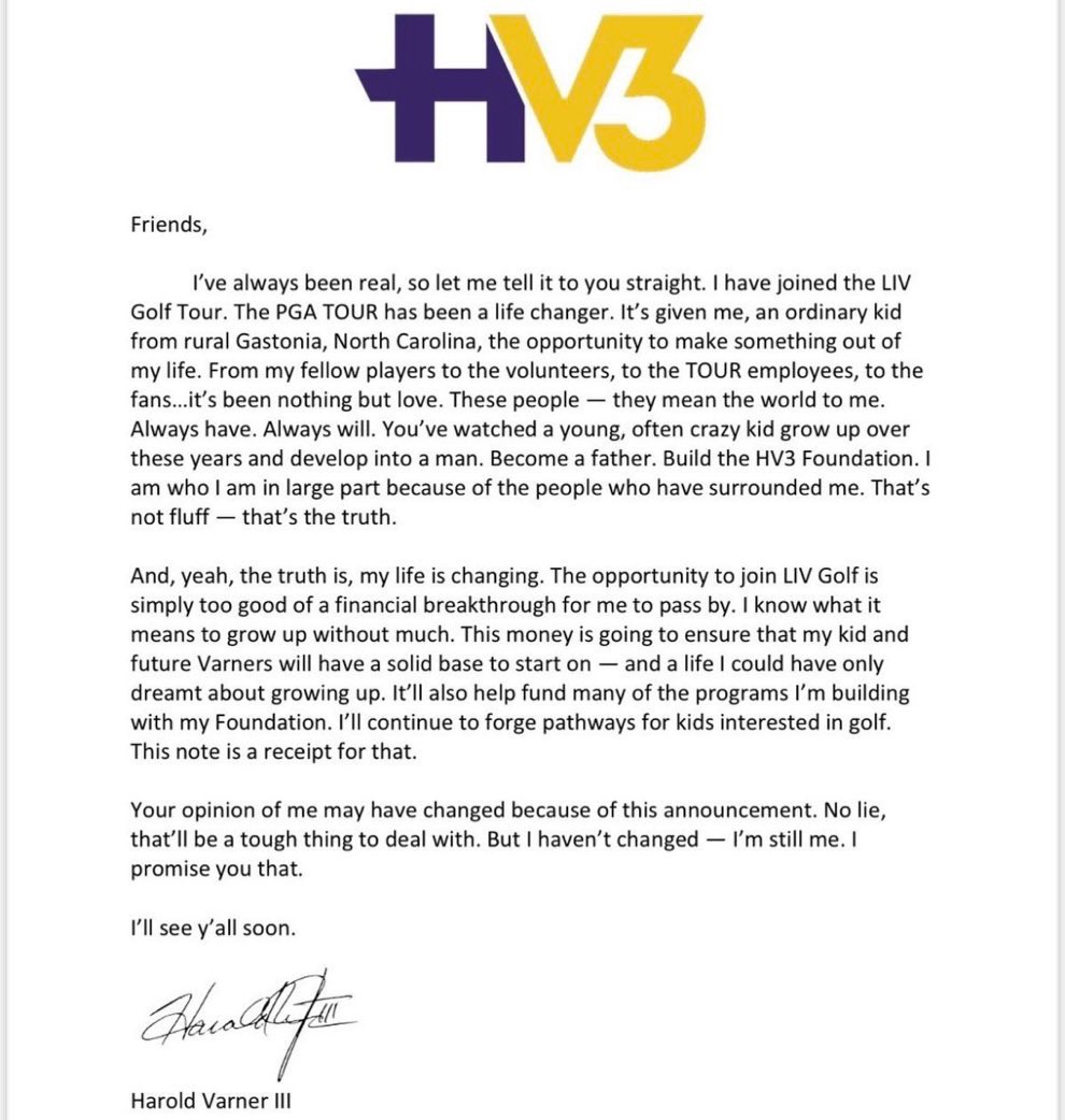 This is really well done. You might not like the fact that Harold Varner III has left for LIV — and he seems to understand that — but I’m not sure the explanation could be any better. 