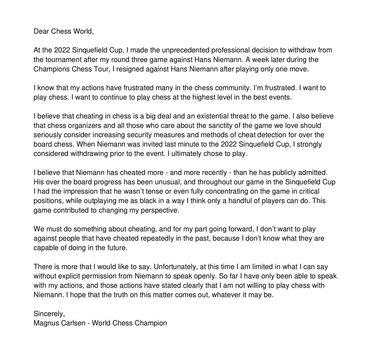My statement regarding the last few weeks. 