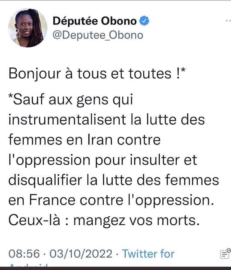 Le niveau monte chez @FranceInsoumise. « Mangez vos morts » de Danièle Obono, c’est tout de suite plus classe que « Va sucer la bite à ton chef, connard ! » de Raquel Garrido. Les Insoumises, une certaine idée de la femme... 