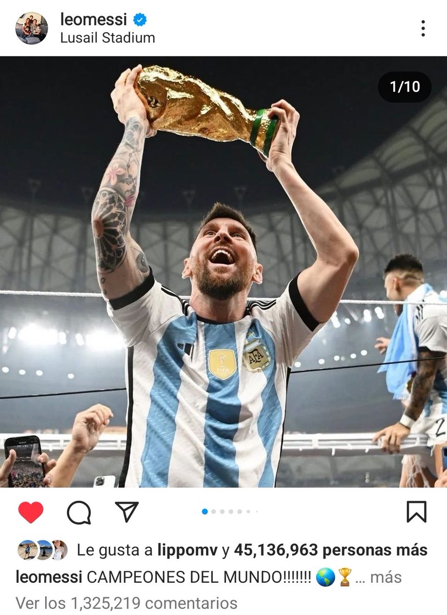 Esta publicación de Messi se convirtió en la segunda más likeada de la historia de Instagram y está a 11 millones de likes de la primera, que es este huevo. 
Si le diste like al huevo, sacáselo. 
